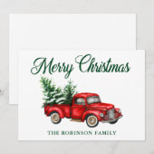 メリークリスマスウォーター色ヴィンテージレッドトラック シーズンカード (正面/裏面)