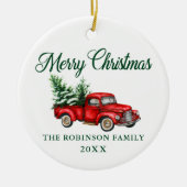 メリークリスマスウォーター色ヴィンテージレッドトラック セラミックオーナメント (正面)