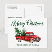 メリークリスマスウォーター色ヴィンテージレッドトラック ポストカード (正面/裏面)