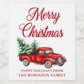 メリークリスマスウォーター色ヴィンテージレッドトラック ワインラベル (シングルラベル)