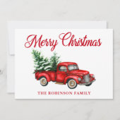 メリークリスマスウォーター色ヴィンテージ赤トラックの木 シーズンカード (正面)