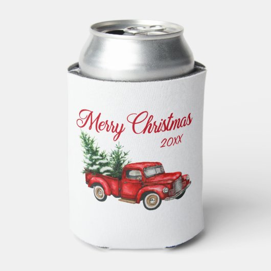 メリークリスマスウォーター色ヴィンテージ赤トラック日付 缶クーラー (缶正面)