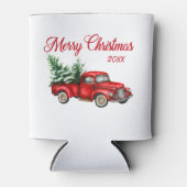 メリークリスマスウォーター色ヴィンテージ赤トラック日付 缶クーラー (正面)