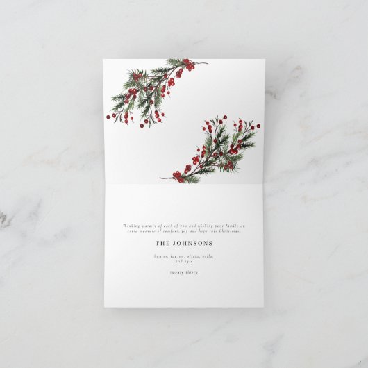 メリークリスマスウォーミングレッドウィンターボタニカルフォトホー シーズンカード (内部)