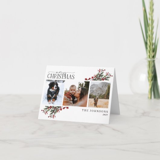 メリークリスマスウォーミングレッドウィンターボタニカルフォトホー シーズンカード (正面)