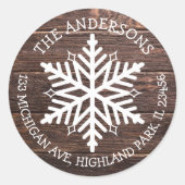 メリークリスマスウッドホワイトスノーフレークアドレス ラウンドシール (正面)