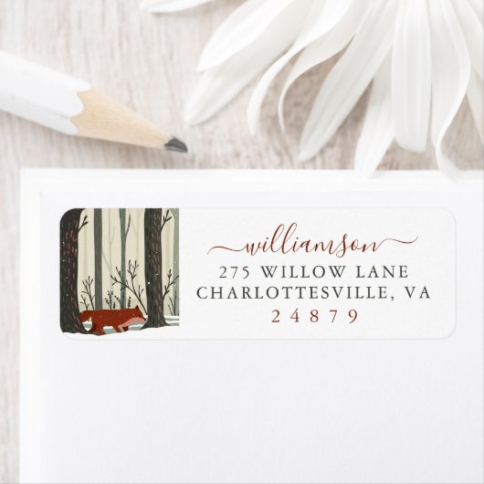 メリークリスマスウッドランド冬の森のキツネの住所 ラベル (インサイチュ)