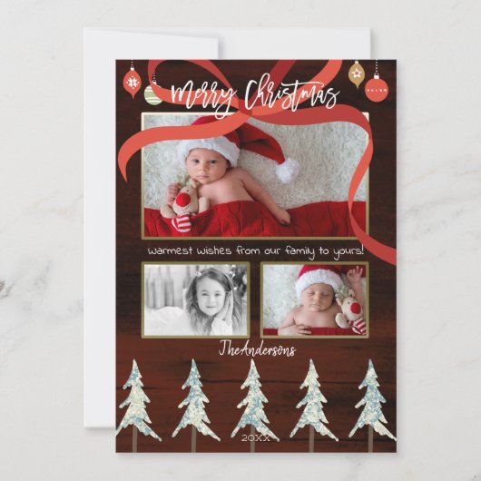 メリークリスマスウッド&パインツリーズ4フォトホリデー シーズンカード (正面)