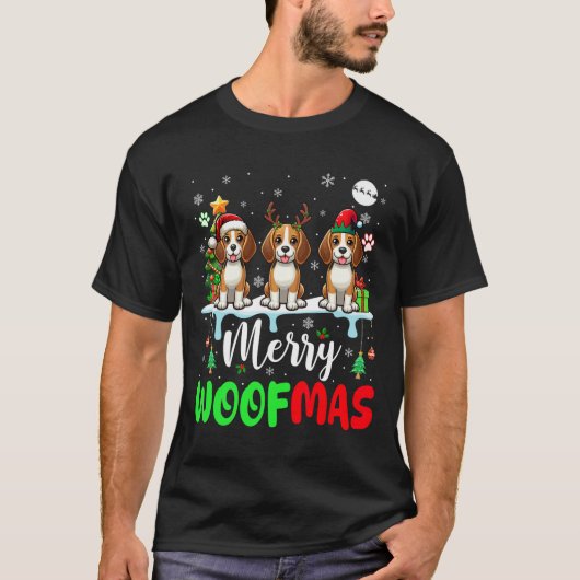 メリークリスマスウーフスリーサンタトナカイ小妖精や小人ビーチ Tシャツ (正面)