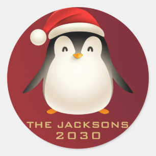 メリークリスマスエレガントかわいいペンギン赤白 ラウンドシール