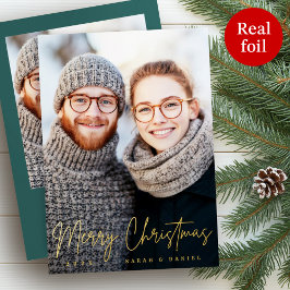 メリークリスマスエレガントの台本の松の緑の写真 箔シーズンカード