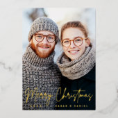 メリークリスマスエレガントの台本の松の緑の写真 箔シーズンカード (正面)