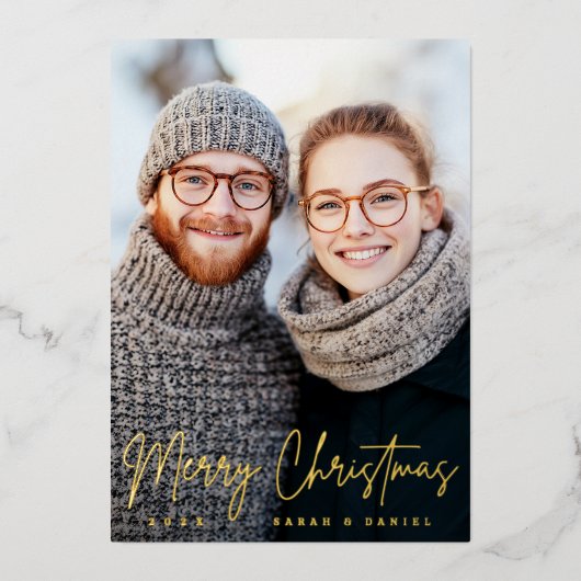 メリークリスマスエレガントの台本の松の緑の写真 箔シーズンカード (正面)