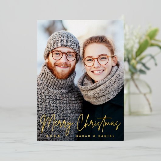 メリークリスマスエレガントの台本の松の緑の写真 箔シーズンカード (立ち正面)