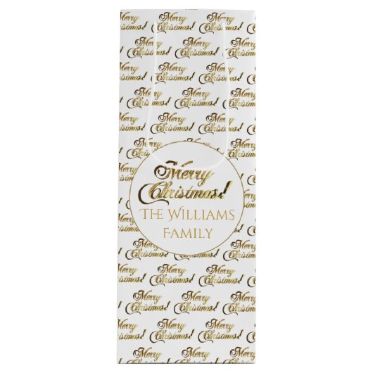 メリークリスマスエレガントの台本の白と金ゴールド ワインギフトバッグ (正面)