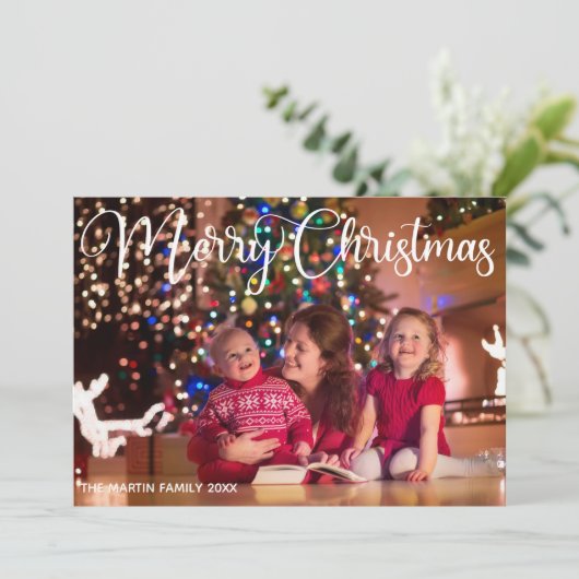 メリークリスマスエレガントの白い草書体の写真 シーズンカード (スタンド正面)