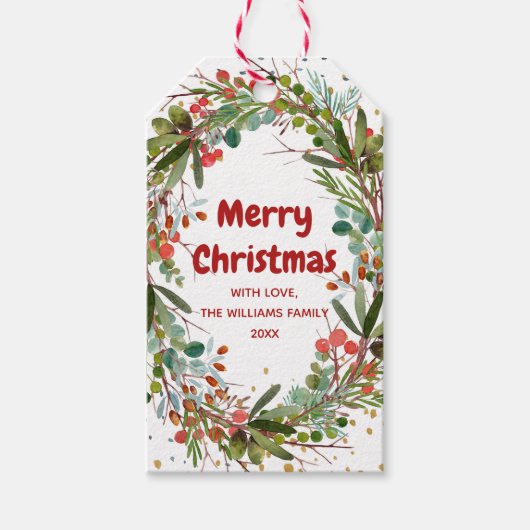 メリークリスマスエレガントウォーターカラーリース ギフトタグ (正面)