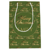 メリークリスマスエレガントオリーブ緑の金ゴールドスクリプト ミディアムペーパーバッグ (正面)