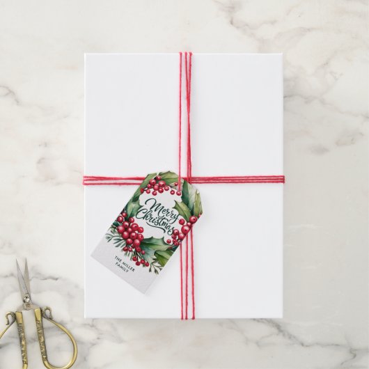 メリークリスマスエレガントグリーンリーベリーリース ギフトタグ (より糸付き)