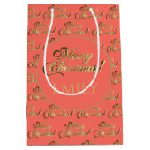 メリークリスマスエレガントコーラルオレンジ金ゴールドスクリプト ミディアムペーパーバッグ (正面)