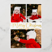 メリークリスマスエレガントスクリプト3家族の写真金ゴールド 箔シーズンカード (正面)