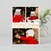 メリークリスマスエレガントスクリプト3家族の写真金ゴールド 箔シーズンカード (立ち正面)