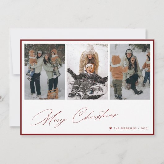 メリークリスマスエレガントスクリプト3枚の写真コラージュ シーズンカード (正面)