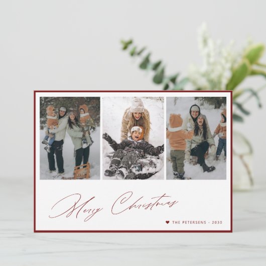 メリークリスマスエレガントスクリプト3枚の写真コラージュ シーズンカード (スタンド正面)