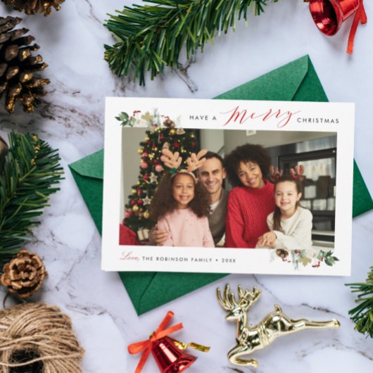 メリークリスマスエレガントフローラ写真ホリデーカード シーズンカード
