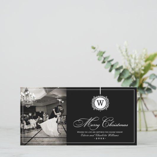 メリークリスマスエレガントブラックモノグラム写真 シーズンカード (スタンド正面)