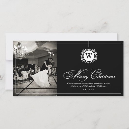 メリークリスマスエレガントブラックモノグラム写真 シーズンカード (正面)