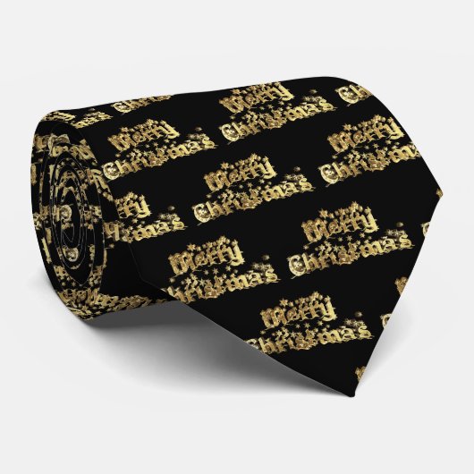 メリークリスマスエレガントブラック金ゴールドスタータイポグラフィ ネクタイ (ロール)