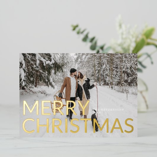 メリークリスマスエレガントミニマル写真 箔シーズンカード (立ち正面)