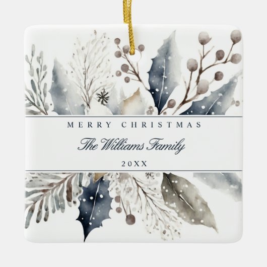 メリークリスマスエレガント冬水カラーフローラ セラミックオーナメント (正面)