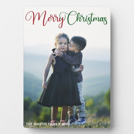 メリークリスマスエレガント赤い緑のスクリプト写真 フォトプラーク (正面)