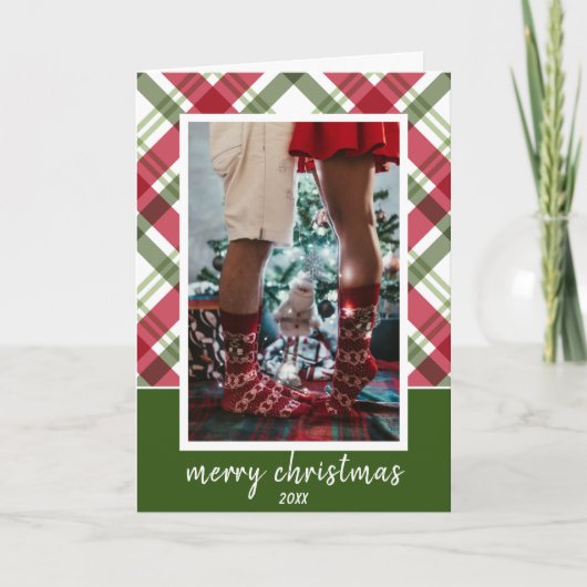 メリークリスマスエレガント赤い緑の格子模様の写真 シーズンカード (正面)