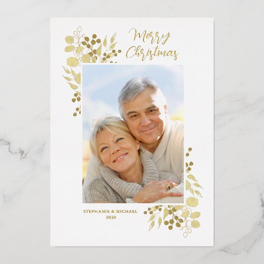 メリークリスマスエレガント金ゴールドの葉写真 箔シーズンカード (正面)