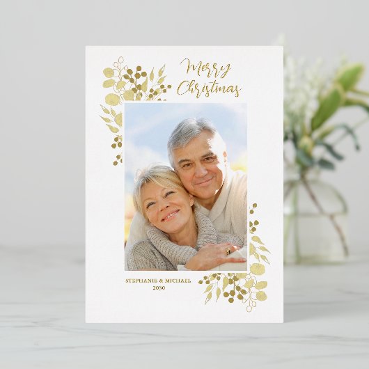メリークリスマスエレガント金ゴールドの葉写真 箔シーズンカード (立ち正面)