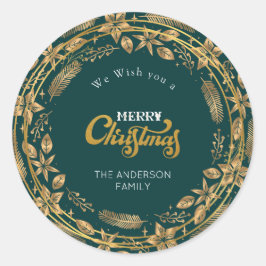 メリークリスマスエレガント金ゴールドアーチグリーン ラウンドシール