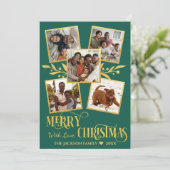 メリークリスマスエレガント金ゴールドグリーンフォトコラージュ シーズンカード (スタンド正面)