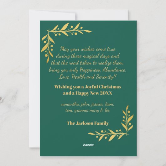 メリークリスマスエレガント金ゴールドグリーンフォトコラージュ シーズンカード (裏面)