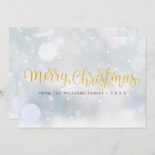 メリークリスマスエレガント金ゴールドスクリプト雪 シーズンカード (正面/裏面)