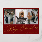 メリークリスマスエレガント金ゴールドスクリプト3枚フォトレッド 箔シーズンカード (正面)