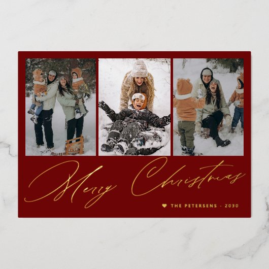 メリークリスマスエレガント金ゴールドスクリプト3枚フォトレッド 箔シーズンカード (正面)
