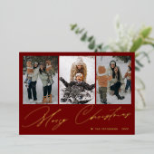 メリークリスマスエレガント金ゴールドスクリプト3枚フォトレッド 箔シーズンカード (立ち正面)