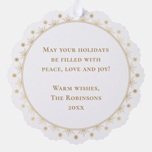 メリークリスマスエレガント金ゴールドフェイクファミリー写真 オーナメントカード (裏面)