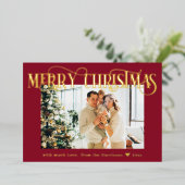 メリークリスマスエレガント金ゴールドフォトレッド 箔シーズンカード (立ち正面)