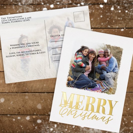 メリークリスマスエレガント金ゴールド書道二枚写真 箔シーズンポストカード