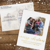 メリークリスマスエレガント金ゴールド書道二枚写真 箔シーズンポストカード