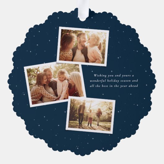 メリークリスマスエレガント4つの写真コラージュ海軍 オーナメントカード (裏面)